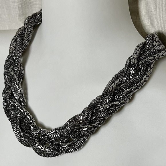 Multi Strand Shiny Braided Chunky Tube Silvertone Metal Chain Necklace - Picture 12 of 12